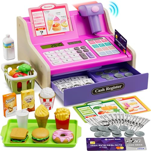 HYES Registratore di Cassa Giocattolo in Legno per Bambini con Scanner, Calcolatrice Reale, Giocattoli Soldi / Monete / Carta di Credito / Cesto Della Spesa, Giochi Regalo per Ragazzi Ragazze, Rosa