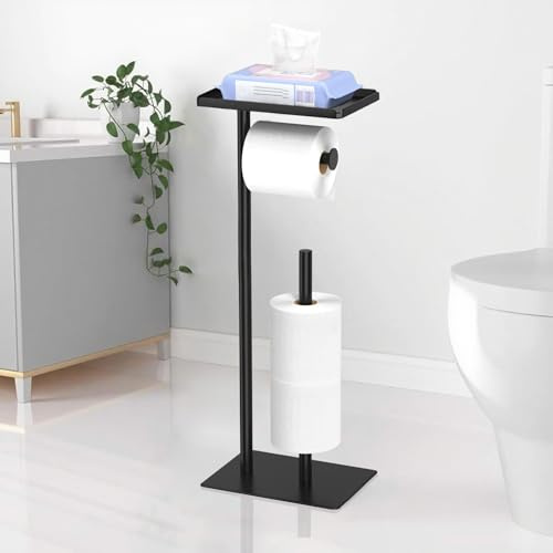 Yeqqzq Toilet Paper Holder Free Standing, Rustproof Metal Toilet Paper Stand with Top Storage Shelf for Phone & Small Items, Holds 4 Reserve Rolls