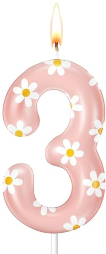 Ovanda Gänseblümchen Geburtstagskerzen, 3 Zahlenkerze, 3 Geburtstag Mädchen Deko, Kerze Deko 3. Geburtstag Mädchens, Tortendeko 3. Geburtstags,für Mädchen Baby Geburtstags Party, Geburtstagskerzen