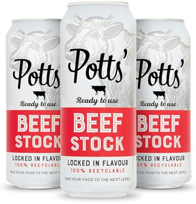 Potts’ Beef Stock in Can, 500ml, Pack of 3 - Canned Beef Broth for Soups, Sauces, & Stews - Flavour Enhancer Made with Beef Fat & Bones - Easy Open Can, Ready to Use Stock