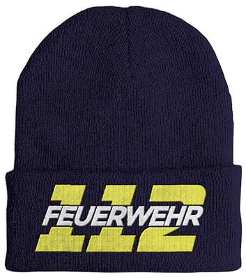 tshirtladen Beanie Feuerwehr 112 Mütze Bestickt – Strickmütze Feuerwehr Wintermütze mit gelb weißer Stickerei – Einsatzmütze für Herren Damen – ideal für Freizeit Beruf Feuerwehrfans