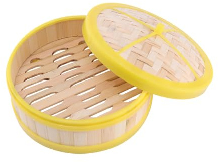 UTHCLO Bamboo Steamer Single Tier Basket Yellow Rim Lid 20cm Food Grade Bamboo for Steaming Dim Sum Dumplings Buns Vegetables, Kitchen Cooking Tool for Home and Restaurant