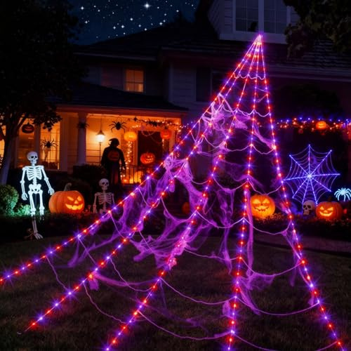 HarnyLoom Halloween Decoration 16.4 FT Spider Web Lights with 250 Purple Orange LED Lights, Waterproof Light Up Halloween for Indoor Outdoor Garden Yard Decor