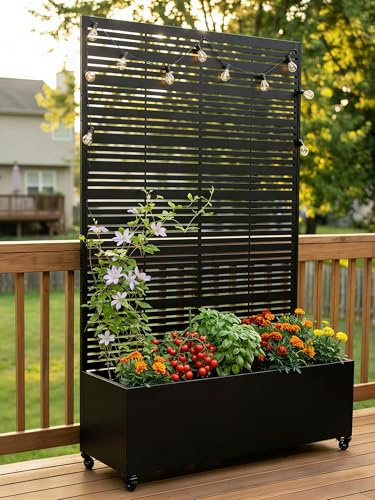 Hochbeet mit Sichtschutz, Metall Pflanzkasten mit Rankgitter und Rollen, freistehender Pflanzkübel 33cm tief, wetterfest für Blumen und Kletterpflanzen - Ideal für Garten, Balkon und Terrasse