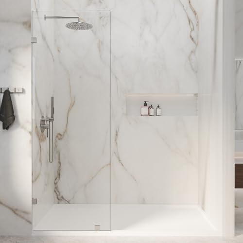 30 W x 72 H Fixed Shower Glass Panel, 3/8” 10mm Single Frameless Shower Doors for Walk in Shower with Clear Tempered Glass Explosion-Proof Film for Bathroom, Chrome Finish, Silver