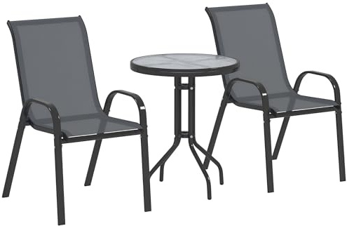 Outsunny Bistro-Set 3-teilig Wetterfest Gartenmöbel Set mit Glastisch Stapelbare Gartenstühlen Outdoor Balkonmöbel Set Sitzgruppe Balkonset Gartengarnitur Dunkelgrau