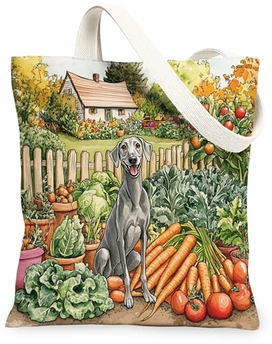 Spring Greyhound Dog Gardening Canvas Tote Bag for Shopping 13x15, Puppy Farmhouse Country Reusable Grocery Print Pattern Bag for Women, Planting Aesthetic Painting Gift Decor