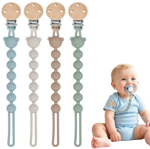 4PCS Personalised Dummy Clip Baby Pacifier Clips Soother for Boys Girls | Silicone BPA-Free 2-in-1 Design Easy to Clean Soft Strap Dummy Holder Suitable for Most Pacifiers Ether Lightgrey Sage Sand