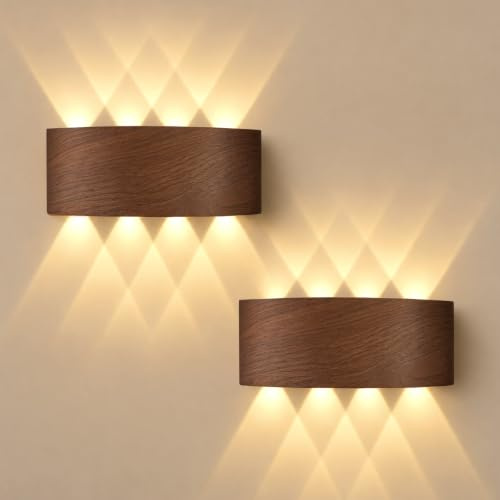 2 Pezzi Applique da Parete LED 8W 3000K Bianco Caldo IP65 Interni Esterni | JaneYi Applique Legno Scuro in Lega di Alluminio Lampada Parete Interno Legno Luce Indiretta per Camera Soggiorno Corridoio