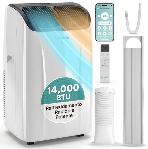 SereneLife Condizionatore Portatile 14.000 BTU 4-in-1 Raffredda/Riscalda/Deumidifica/Ventola, Climatizzatore Portatile, Pinguino Condizionatore con Telecomando e Kit Finestra, Casa e Ufficio