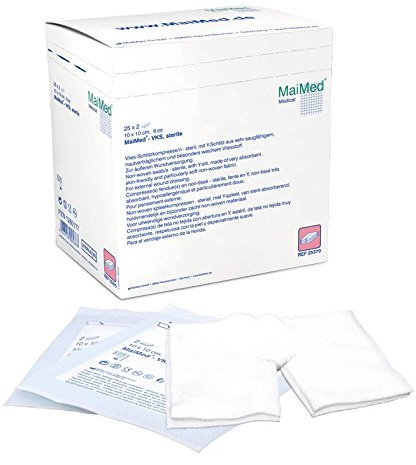 MaiMed Compresse in tessuto non tessuto sterile, 6 scomparti, Art. n. 25350, VE 25 x 2 pezzi – 5 x 5 cm