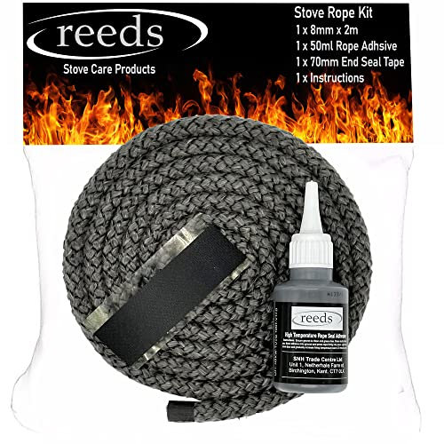 Black Stove Rope Kit 8mm x 2m Long with Reeds Adhesive Flues Glass Door Seals