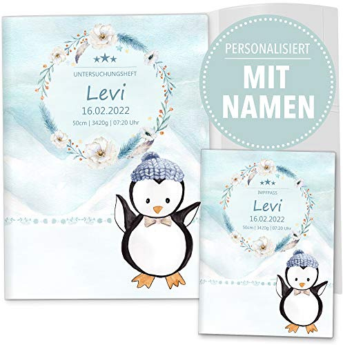 OLGS U-Heft und Impfpasshülle Set | Nordpol | Untersuchungsheft- 3-teilig & Impfpass Hülle personalisierte Geschenke Baby | Babygeschenke zur Geburt (U-Heft Set 3-teilig personalisiert, Pinguin)