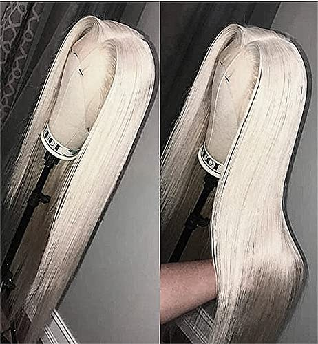 VEBONNY Platinblonde Lace Front Perücke, Realistisch aussehende Weiße Blonde Perücken für Frauen, Seidiges Gerades Haar Silberne Perücke mit Mittelscheitel, 24 Zoll, VEBONNY-061
