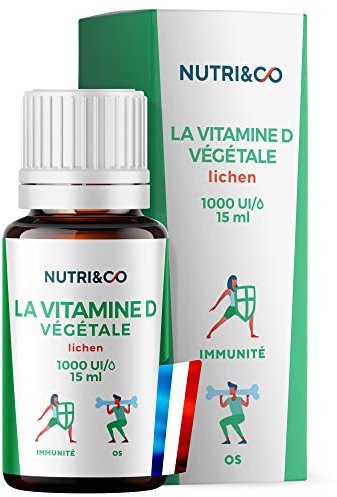 NUTRI & CO Vitamine D3 Végétale issue du Lichen 100% Naturelle - 1000 U.I par Goutte - 2000 UI/j - Flacon 15ml - Santé des Os & Immunité - pour Adultes et Enfants - Vegan Fabriqué en France