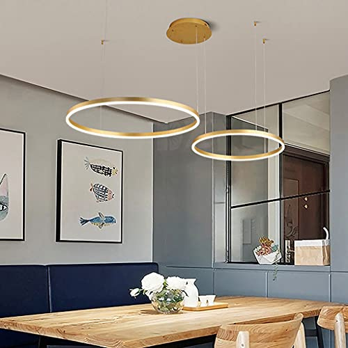 LED Pendelleuchte Esszimmer Metall ring Kronleuchter Höhenverstellbar Wohnzimmerlamp Dimmbar mit Fernbedienung Hängeleuchte Esstisch Pendellampe Acryl Deckenleuchte Hängelampe Küchen,Gold,2 rings