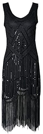 HAHAEMMA 1920-talsklänning, dam, påfågel mönster, fransklänning, Charleston-klänning, Gatsby paljetter tofsar fåll, cocktailklänning med fransar, avslutningsbal klänning, svart, L