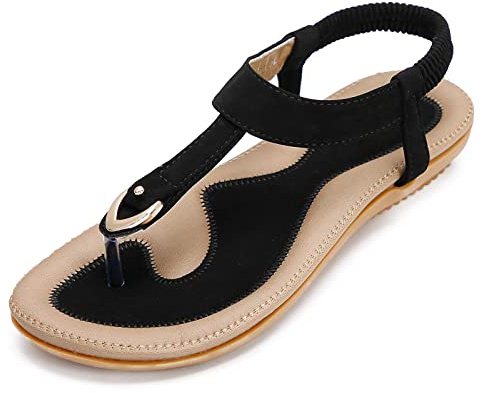 ZOEREA Sandalias Mujer Verano Planas Estilo Bohemia Zapatos de Dedo Casuales Playa Moda Sandalia Chanclas Romanas de Damas Estilo B Negro,38 EU