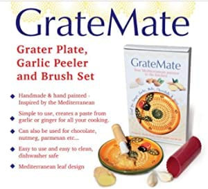 Garlic Grater Plate Set with Peeler and Brush for Grating Garlic, Ginger, Nuts, Chocolate. Handmade Original Design from Spain (Yellow Navy 3)