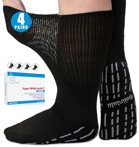 Bulinlulu Extra Width Diabetic Socks Women Men-4 Pairs Super Wide Edema Sock for Swollen Feet,Non Slip Cast Bariatric Hospital,Extra Width Neuropathy Lymphedema Socks with Grips- 4 Black