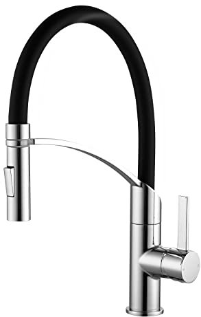 Flexible Kitchen Taps with Pull Out Spray Black Chrome Kitchen Sink Mixer Tap with Black Silicone Hose Single Lever Sink Taps for Modern Kitchens 360° Swivel Spout Dual Function Sprayer