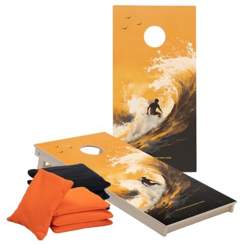 Set Cornhole – 120 x 60 cm – Wicked Wood – Design Surf – Stampa UV Diretta su Legno (100%) – Raccomandazione Ufficiale ACL – Include 2 x 4 Sacchetti – Per Interni & Esterni