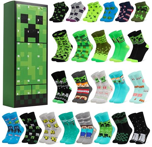 Minecraft Calendario Adviento 2025 Niños y Adolescentes Creeper Calendario de Navidad Cuenta Atrás con 24 Calcetines Divertidos Ideas Regalo