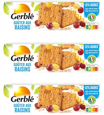 GERBLÉ – Goûters aux Raisins – Biscuits croustillants à la pâte de raisin – Allégés en sucres – Riches en fibres – Sans huile de palme – Nutri-Score B – Lot de 3 paquets – 12 Sachets Individuels