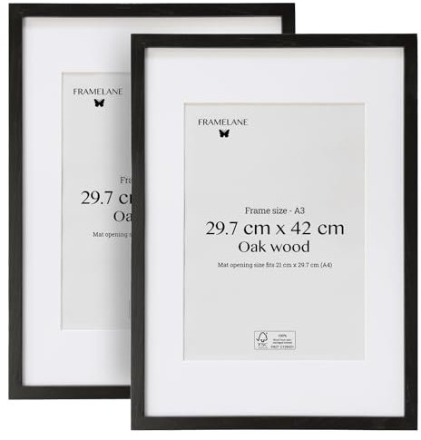 Framelane Set de 2 Marco Fotos Marco A3 en Roble Negro FSC con Vidrio Acrílico Antirrayas y Antirroturas - Passepartout - Montaje Vertical u Horizontal para Decoración Moderna