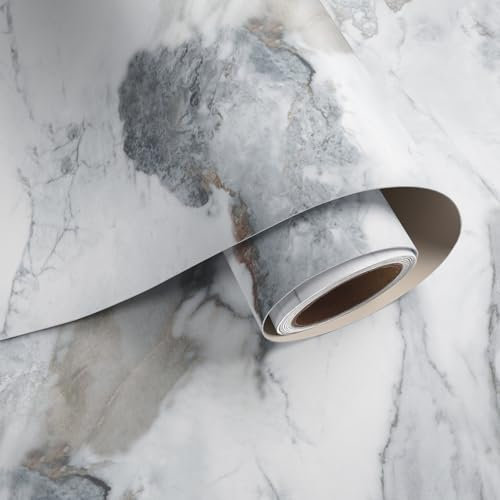 VaryPaper Papier Peint Marbre Blanc et Gris Mate 40cmx200cm Rouleau Adhesif pour Meuble Revetement Plan de Travail Cuisine Papier Peint Salle de Bain Imperméable Papier Vinyle Autocollant Armoire
