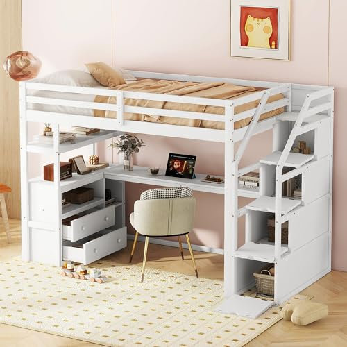 Kayan Kinderbett Etagenbett 90x200 cm, Hochbett mit Schreibtisch und Stauraumleiter, Zwei Schubladen, Fallschutzgitter, Weiß