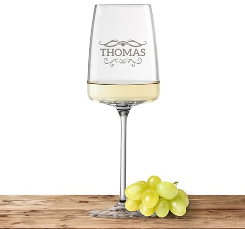 Zwiesel Glas Weißweinglas 363ml mit Namen oder Wunschtext graviert - Vivid Senses - personalisiertes Weinglas als Geschenk für Frauen und Männer - Motiv (Barock 01)