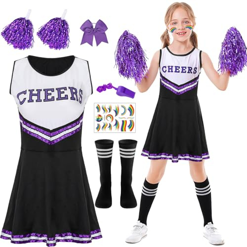 Cheerleader Kostüm Kinder, Mädchen Cheerleader Kostüm, Cheerleading Uniform Kleid mit Pompoms, Socken, pfeift und Kopfschmuck, Damen High School Cheerleader Kostüm für Karneval Halloween Kostüm Party