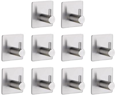 TECBULL® 10 Edelstahl Klebehaken massiv V1 - Gebürstet (Silber), Handtuchhaken Bad selbstklebend, Handtuchhalter ohne Bohren, hochwertige Handtuch Haken, Wandhaken, rostbeständig
