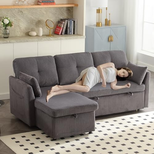 KAZZIO Multifunktionales Schlafsofa mit Stauraum und Ausziehbett, auswechselbares Schlafsofa mit Chaiselongue, Anbausofa mit Stauraumsitzen, modulares L-Sofa (Dunkelgrau)