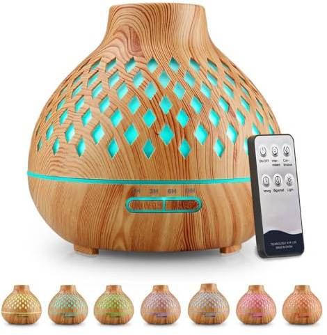 Diffuseur d'arômes - 400 ml - Diffuseur d'huiles essentielles d'aromathérapie - Avec télécommande - 4 minuteries - 7 couleurs - Lampe parfumée - Sans BPA - Humidificateur à ultrasons - Pour chambre à