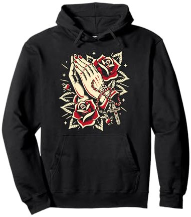 Rosenkranz mit betenden Händen, traditionelles Tattoo-Design Pullover Hoodie
