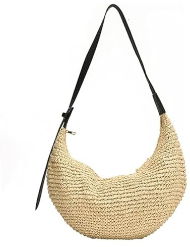 CNAFGBGG Half Moon Bag für Frauen Strand knödeln Crossbody Bag 15x13x0.3 im Sommer Kausalstrohschulter mit verstellbarem Riemen für Urlaubsreisen (Beige).
