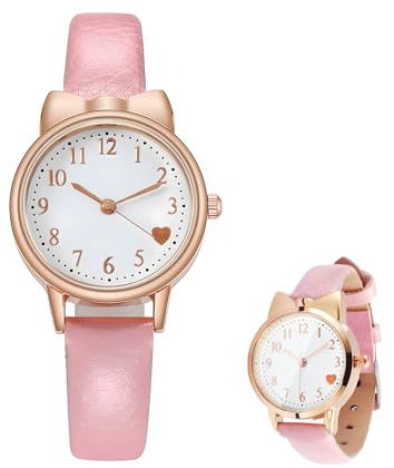 Girls Wrist Watch, Analog Quartz Watch with Pink Case, Easy-to-Read Dial, Cute Heart Pattern, and Adjustable Leather Strap – Stylish Timepiece for Kids and Teen Girls