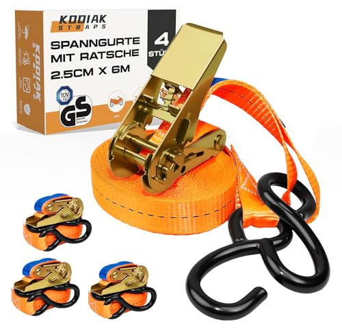 4 Lots de Sangles à Cliquet 6m x 800kg avec Crochets en S - Sangles d'Arrimage 25mm Orange pour Sécurisation de Chargement - Certifié TÜV/GS Selon la Norme DIN en 12195-2 - KODIAK STRAPS