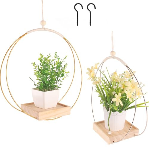 Mailfull 2 Pièces Pot Suspendu Plante Interieur Métal Or Suspension Plante avec Base en Bois Crochet de Inclus pour Plantes de Petite à Moyenne Taille