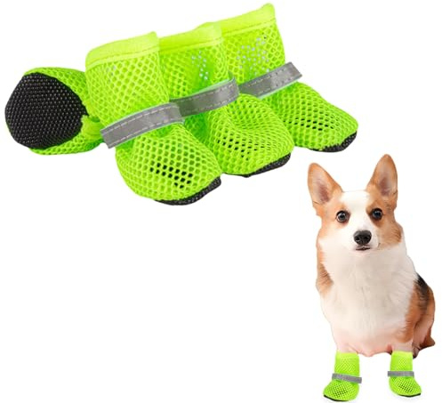 Sommer Mesh Hunde Schuhe, 4 Stück Atmungsaktive Pfotenschutz Hundeschuhe Anti-Rutsch Hundeschuhe für heiße Sommerböden, Sommer Verstellbarem Hundestiefel fürkleine Hunde (Grün, M)