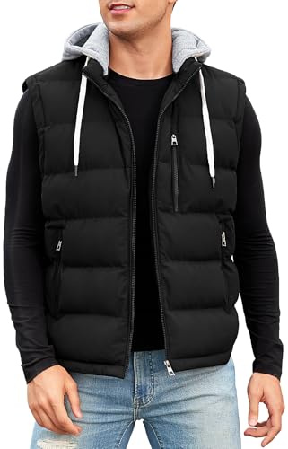 CMTOP Chaleco Hombre con Capucha Repelente al Agua Chalecos, Cálido Invierno Gilet con Cremallera Ligero Térmico Chaqueta Sin Mangas BodyWarmer Vest con Multibolsillos(Negro,M)