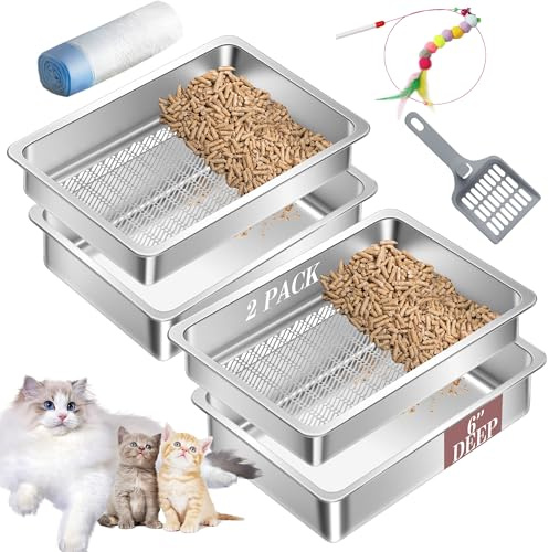 2 Pack Stainless Steel Sifting Small Cat Litter Box for Pine Pellets, Metal Kitten Litter Box Sifter Pan with Litter Scoop, Low Dust, Odor Control, Easy Cleaning, 15.7 L x 11.8 W x 6 H