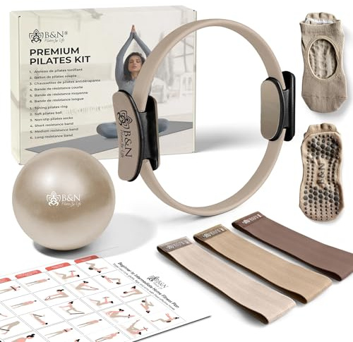 Kit Pilates Complet à Domicile – Pilates Ring, Ballon Pilates, 3 Bandes de Résistance, Chaussettes Antidérapantes + Guide | Fitness Femme Home Workout, Tonification Corps (Beige)