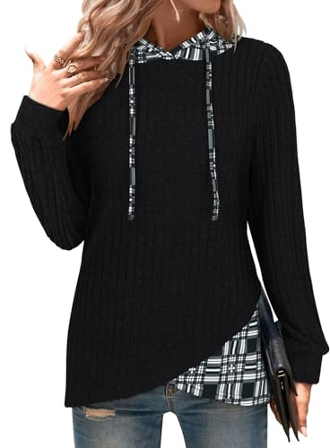 Gemulate Hoodies for Women Ladies Plaid Patchwork Slit Sweatshirt Long Sleeve Tops Drawstring Jumpers Casual Work Spring Fall Winter Tunic Clothes S-2XL
