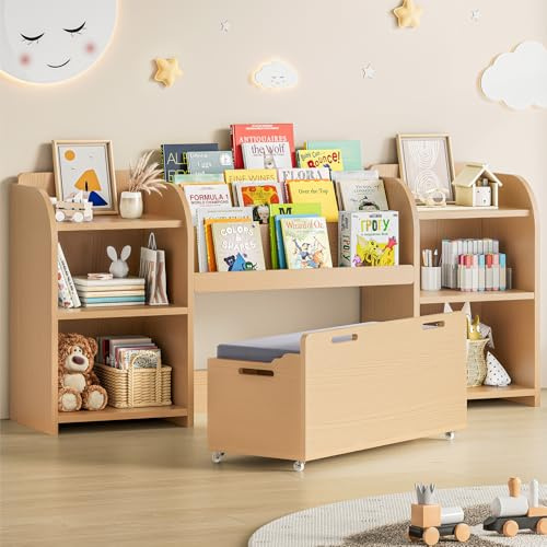 ONBRILL Kids Bookshelf with Reading Nook, 64.5 Toy Storage Organizer with Movable Bench with 3 Storage, Kids Bookcase with 3-Tier Bookshelf, 6 Storages Cubbies, Toy Box & Chest for Bedroom, Playroom
