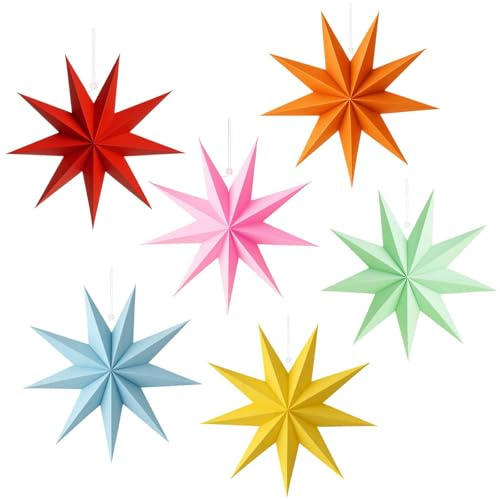 6Pcs 9-Pointed Paper Star Lanterns– Large 12Inch Hanging Paper Stars Made of Thick Paper, Durable Reusable Star Lanterns for Christmas, Party, Wedding & Home Decoration (Multicolor)