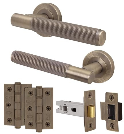 EAI Antique Brass Door Handles with Latch and Hinges, 1 Pack - Oruro | Complete Latch Kit with 1 Pair of Door Handles, 64mm Latch, 76mm Hinges, Fixings Included