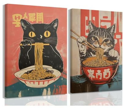 2er Vintage Japanische Katze Leinwand Wandkunst,Bild Küche Poster Kunstdrucke,Schrulliges Schwarzeskatzen Essendes Ramen Poster,Zibetkatze Bild für Esszimmer,Wohnzimmer,Küche Ohne Rahmen (30*40cm)